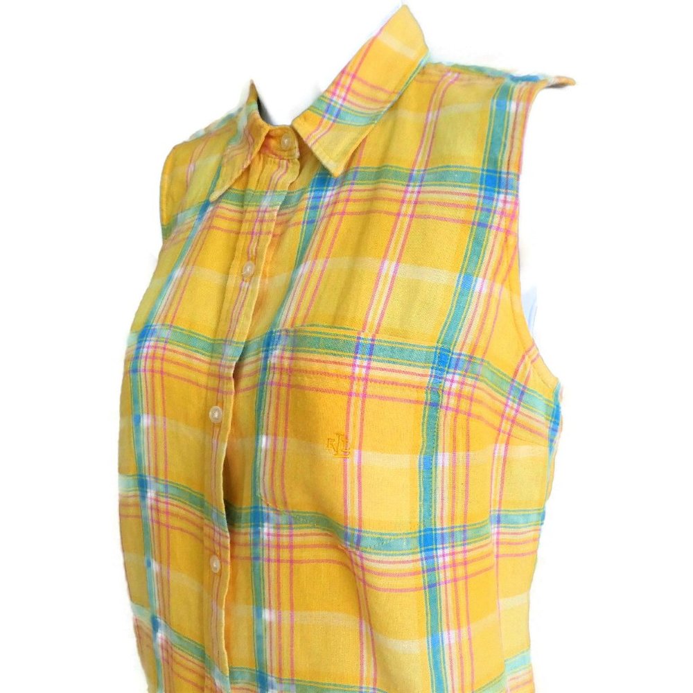 Linen Lauren Ralph Lauren Top Sleeveless Yellow Rainbow Plaid Embroidery Logo M